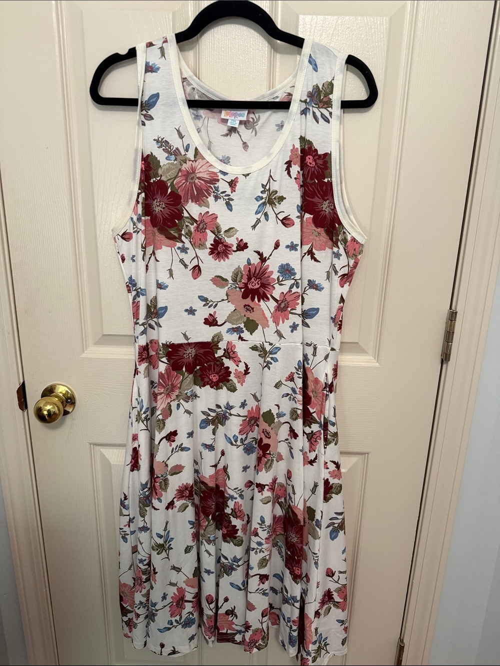 LuLaRoe White Midi Dress with Red & Pink Floral Print